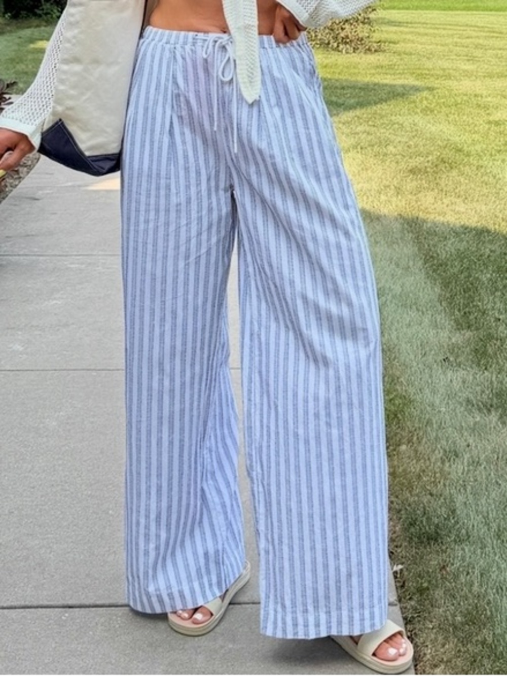 Casual Blue & White Striped Wide-Leg Pants